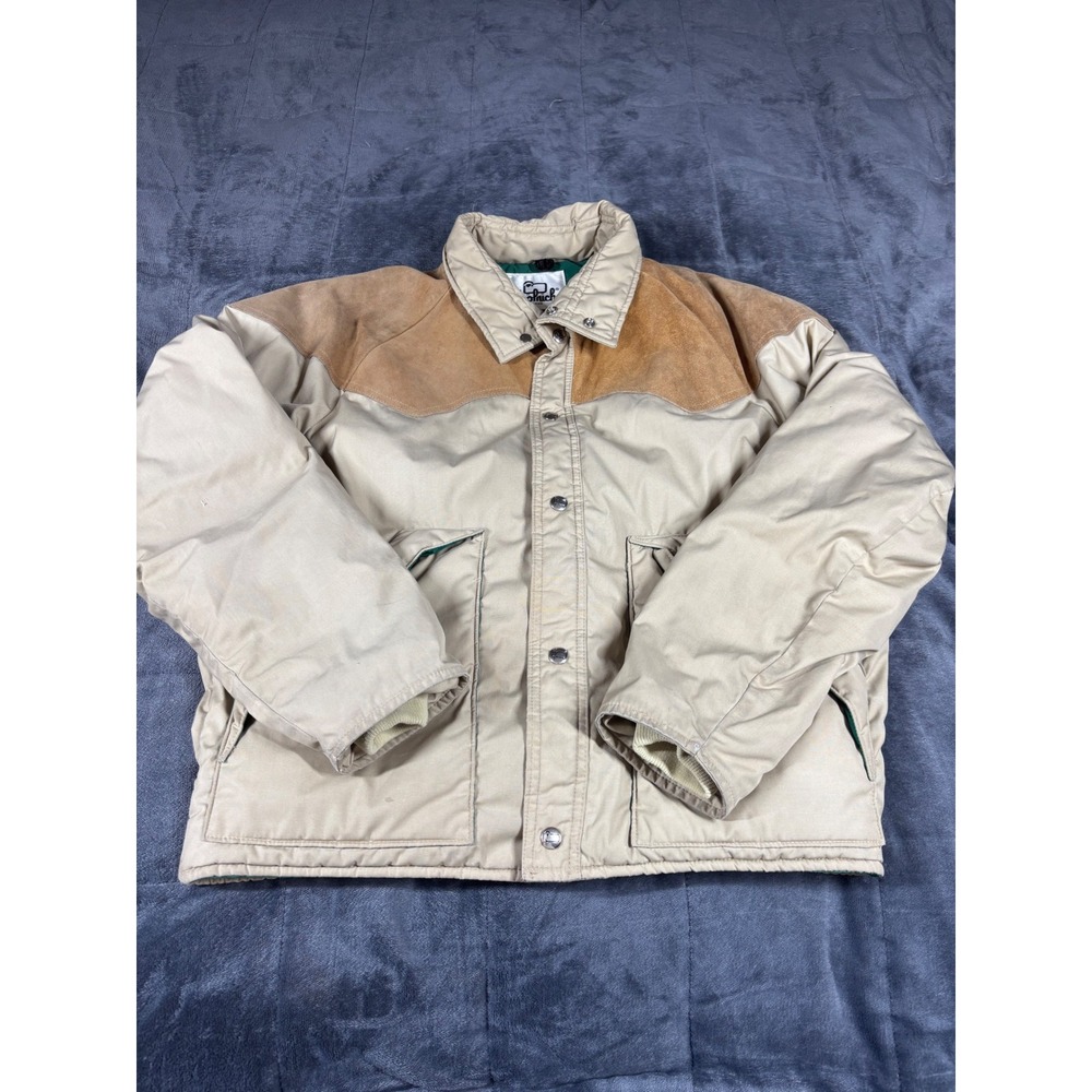 Woolrich Vintage Mens Western Suede Yoke Puffer Jacket Tan Beige Size M 6394